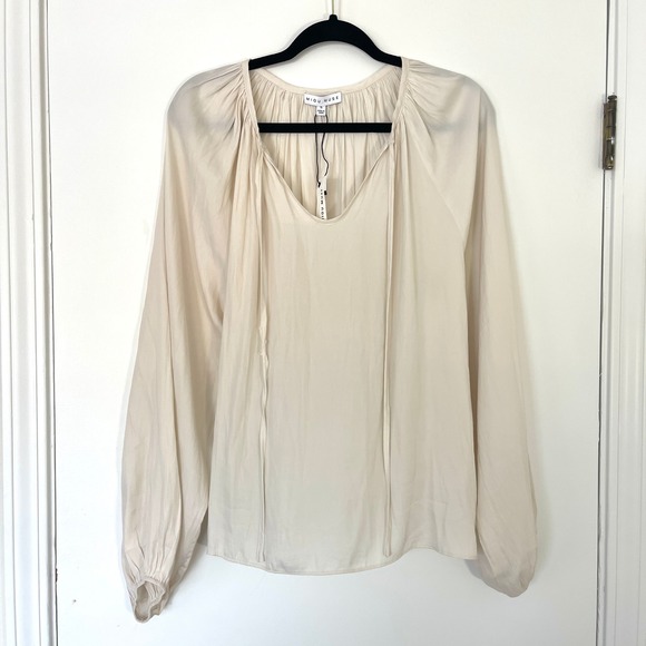 NWT MIOU MUSE Ivory/Cream Tie Neck Long Sleeve Satin Peasant Blouse Size Small‎ - Picture 8 of 11